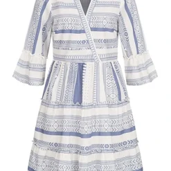 VILA Damen 3/4 Arm V-Neck Tunika Kleid Mit Streifen Muster English Manor Blau