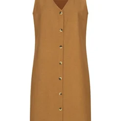 Pieces Damen V-Neck Leinen Kleid Mit Knopfleiste Dijon Braun