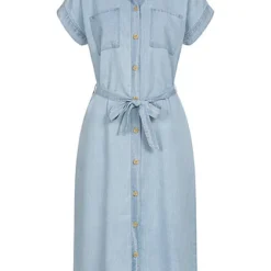 ONLY Damen Blusen Kleid Mit Bindegürtel U. Knopfleiste Hell Blau Denim