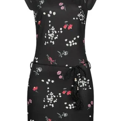 Cloud5ive Damen Viskose T-Shirt Kleid M. Flechtgürtel Blumen Print Schwarz Mc