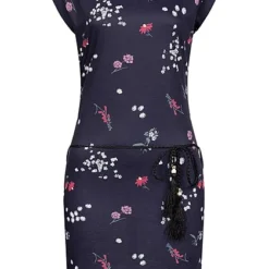 Cloud5ive Damen Viskose T-Shirt Kleid M. Flechtgürtel Blumen Print Navy Blau Mc