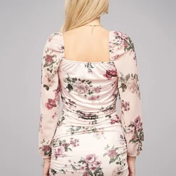 Cloud5ive Damen Rüschen Kleid Mit Blumenprint & Raffung Seitlich Beige Rose -Diven Art Verkäufe 22056583 1