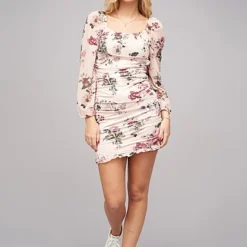 Cloud5ive Damen Rüschen Kleid Mit Blumenprint & Raffung Seitlich Beige Rose -Diven Art Verkäufe 22056583 2