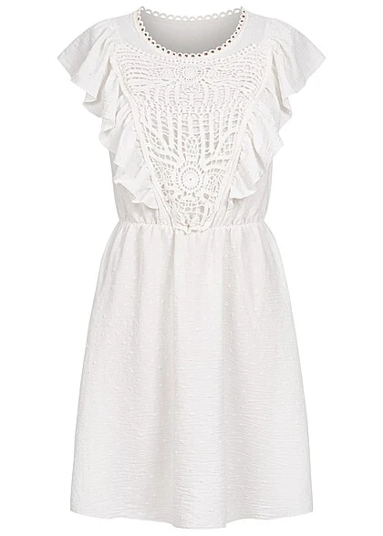 Cloud5ive Damen Kurzes Sommer Kleid M. Rüschen & Häkelbesatz 2-lagig Punkte Weiss 3 Cloud5ive Damen Kurzes Sommer Kleid M. Rüschen & Häkelbesatz 2-lagig Punkte Weiss