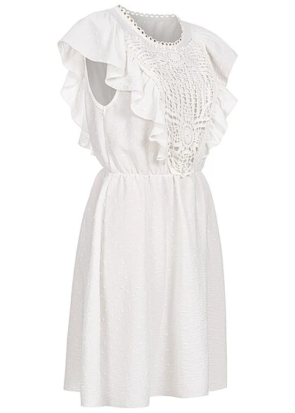 Cloud5ive Damen Kurzes Sommer Kleid M. Rüschen & Häkelbesatz 2-lagig Punkte Weiss 4 Cloud5ive Damen Kurzes Sommer Kleid M. Rüschen & Häkelbesatz 2-lagig Punkte Weiss – Bild 2