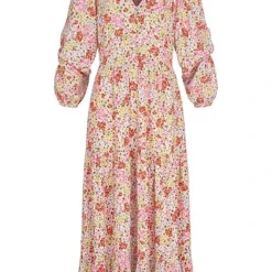 VILA Damen V-Neck Maxi Viskose Langarm Kleid Mit Blumen Print Alyssum Weiss Mc