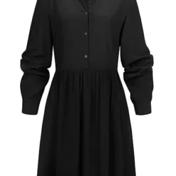 VILA Damen NOOS Langarm Kleid Mit Knopfleiste Und Kragen Schwarz