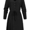 VILA Damen NOOS Langarm Kleid Mit Knopfleiste Und V-Neck Bindedetail Schwarz -Diven Art Verkäufe 22070119