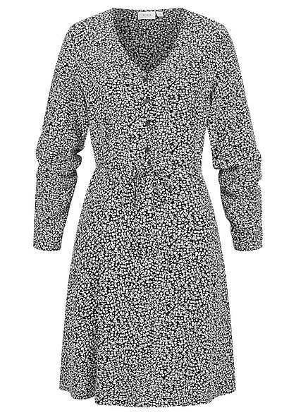VILA Damen NOOS Langarm Kleid Mit Knopfleiste Und V-Neck Bindedetail Print Schwarz 3 VILA Damen NOOS Langarm Kleid Mit Knopfleiste Und V-Neck Bindedetail Print Schwarz