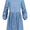 VILA Damen Denim Langarm Kleid Mit Knopfleiste Und Rundhals Medium Blau Denim -Diven Art Verkäufe 22070123