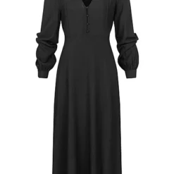 VILA Damen NOOS V-Neck Viskose Midi Kleid Mit Knopfleiste Unicolor Schwarz