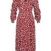 VILA Damen NOOS V-Neck Viskose Midi Kleid Mit Knopfleiste & Allover Print Fired Rot Weiss -Diven Art Verkäufe 22070210