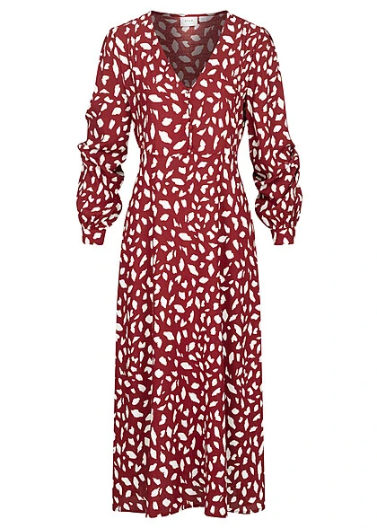 VILA Damen NOOS V-Neck Viskose Midi Kleid Mit Knopfleiste & Allover Print Fired Rot Weiss 3 VILA Damen NOOS V-Neck Viskose Midi Kleid Mit Knopfleiste & Allover Print Fired Rot Weiss