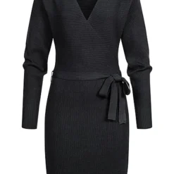 Vero Moda Damen NOOS Kleid Langarm Mit V-Neck Und Bindedetail Schwarz