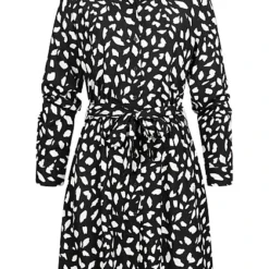 VILA Damen NOOS Langarm Kleid Knopfleiste Und Kragen Mit Bindegürtel Schwarz Weiss