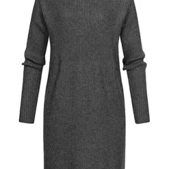 ONLY Damen Langarm Kleid Strickkleid Mit Strukturstoff Dunkel Grau Melange