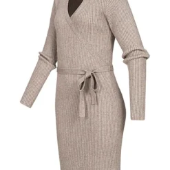 VILA Damen NOOS Langarm Kleid Wickeloptik Mit Bindedetail Strukturstoff Fungi Braun -Diven Art Verkäufe 22090164 1