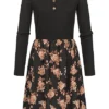 Cloud5ive Damen Langarm-Kleid Mit Deko-Knöpfen Und Blumen Print Schwarz