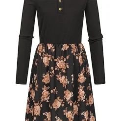 Cloud5ive Damen Langarm-Kleid Mit Deko-Knöpfen Und Blumen Print Schwarz