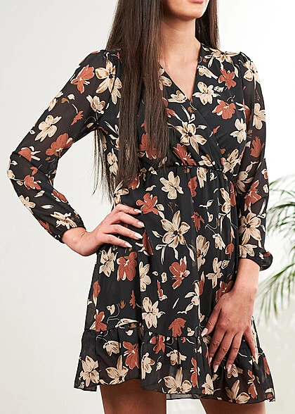 Cloud5ive Damen Chiffon Kleid Mit V-Neck Und Blumenprint Schwarz Multicolor 3 Cloud5ive Damen Chiffon Kleid Mit V-Neck Und Blumenprint Schwarz Multicolor