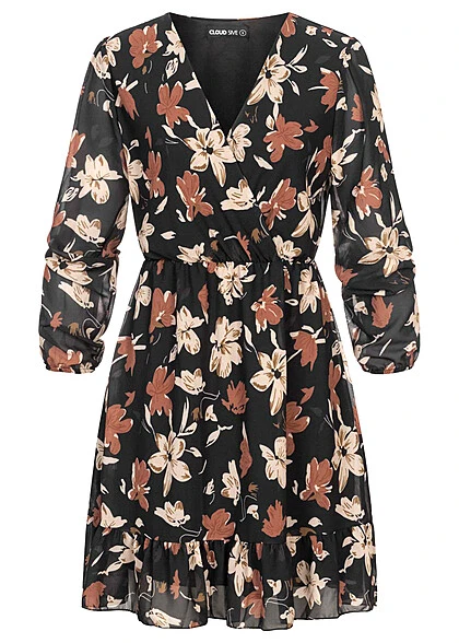 Cloud5ive Damen Chiffon Kleid Mit V-Neck Und Blumenprint Schwarz Multicolor 4 Cloud5ive Damen Chiffon Kleid Mit V-Neck Und Blumenprint Schwarz Multicolor – Bild 2