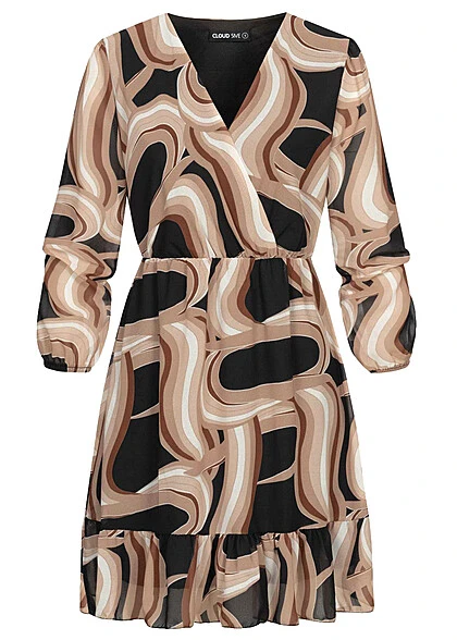 Cloud5ive Damen Chiffon-Kleid Wickeloptik Mit V-Neck Und Marmor-Print Schwarz Beige 4 Cloud5ive Damen Chiffon-Kleid Wickeloptik Mit V-Neck Und Marmor-Print Schwarz Beige – Bild 2