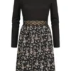 Cloud5ive Damen Langarm-Kleid Mit Spitzendetails Und Flower Print Schwarz Multicolor