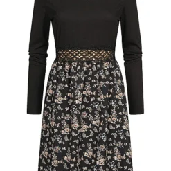 Cloud5ive Damen Langarm-Kleid Mit Spitzendetails Und Flower Print Schwarz Multicolor