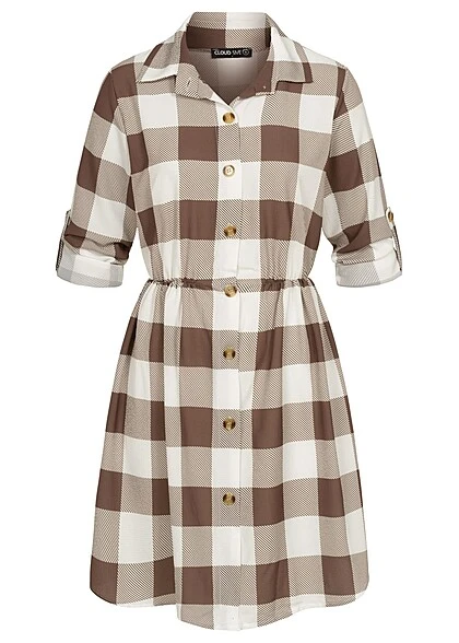 Cloud5ive Damen Turn-Up Kleid Mit Knopfleiste Und Karomuster Weiss Braun 3 Cloud5ive Damen Turn-Up Kleid Mit Knopfleiste Und Karomuster Weiss Braun