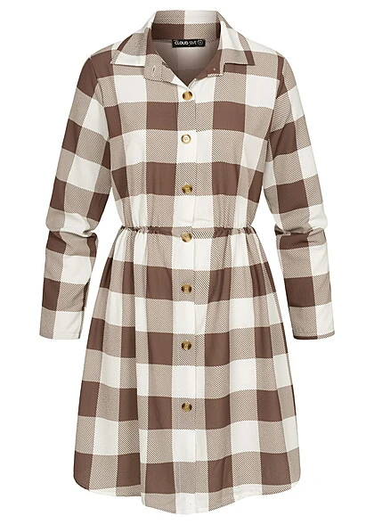 Cloud5ive Damen Turn-Up Kleid Mit Knopfleiste Und Karomuster Weiss Braun 4 Cloud5ive Damen Turn-Up Kleid Mit Knopfleiste Und Karomuster Weiss Braun – Bild 2