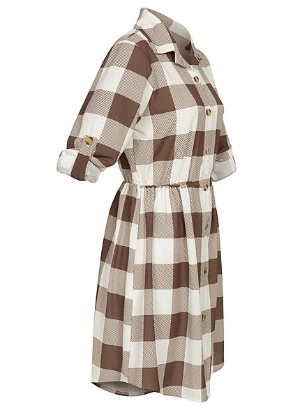 Cloud5ive Damen Turn-Up Kleid Mit Knopfleiste Und Karomuster Weiss Braun 5 Cloud5ive Damen Turn-Up Kleid Mit Knopfleiste Und Karomuster Weiss Braun – Bild 3