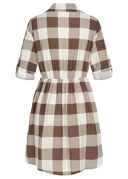 Cloud5ive Damen Turn-Up Kleid Mit Knopfleiste Und Karomuster Weiss Braun 6 Cloud5ive Damen Turn-Up Kleid Mit Knopfleiste Und Karomuster Weiss Braun – Bild 4