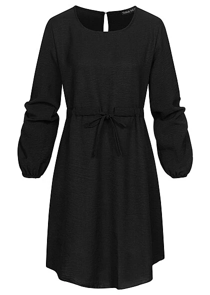 Cloud5ive Damen Langarm Musselin Uni-Kleid Mit Bindedetail Schwarz 3 Cloud5ive Damen Langarm Musselin Uni-Kleid Mit Bindedetail Schwarz