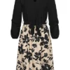 Cloud5ive Damen Langarm Kleid Bindegürtel Und Laternenärmel Blumenmuster Schwarz Beige -Diven Art Verkäufe 23016636
