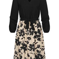 Cloud5ive Damen Langarm Kleid Bindegürtel Und Laternenärmel Blumenmuster Schwarz Beige