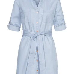 Aiki Damen Denim Kleid Mit Turn-Up Ärmeln Und Bindegürtel Hell Blau Denim