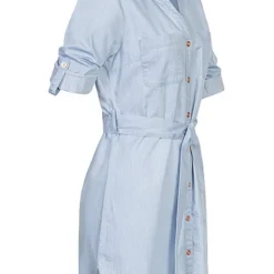 Aiki Damen Denim Kleid Mit Turn-Up Ärmeln Und Bindegürtel Hell Blau Denim -Diven Art Verkäufe 23020090 2