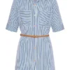 Aiki Damen Viskose Kleid Mit Knopfleiste Und Gürtel Gestreift Weiss Blau -Diven Art Verkäufe 23020091