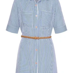 Aiki Damen Viskose Kleid Mit Knopfleiste Und Gürtel Gestreift Weiss Blau