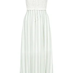 Aiki Damen Viskose Kleid Mit Häkelbesatz Und Bindedetail Gestreift Weiss Grün