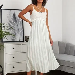 Aiki Damen Viskose Kleid Mit Häkelbesatz Und Bindedetail Gestreift Weiss Grün -Diven Art Verkäufe 23020094 3