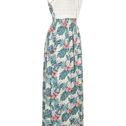 Aiki Damen Viskose Kleid Mit Häkelbesatz Und Bindedetail Tropical Print Grün Weiss -Diven Art Verkäufe 23020095 1