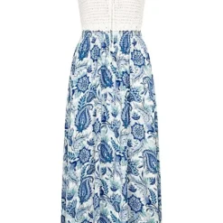 Aiki Damen Viskose Kleid Mit Häkelbesatz Und Bindedetail Paisley Print Blau Weiss
