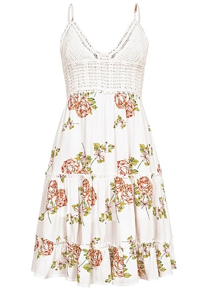 Aiki Damen Viskose Sommer Kleid Mit Häkelbesatz Und Schleife Blumenprint Weiss 3 Aiki Damen Viskose Sommer Kleid Mit Häkelbesatz Und Schleife Blumenprint Weiss