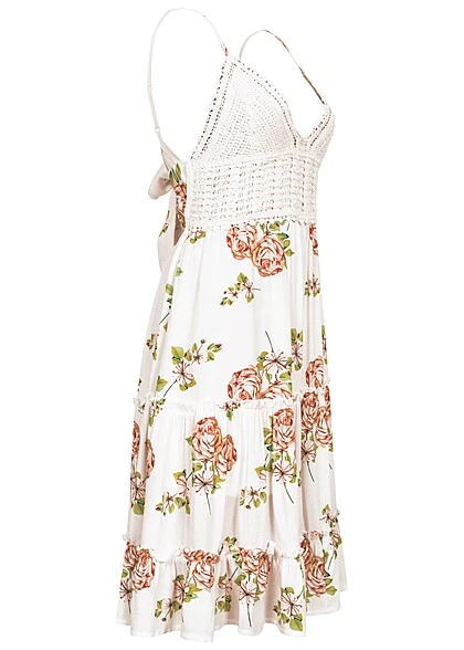 Aiki Damen Viskose Sommer Kleid Mit Häkelbesatz Und Schleife Blumenprint Weiss 4 Aiki Damen Viskose Sommer Kleid Mit Häkelbesatz Und Schleife Blumenprint Weiss – Bild 2