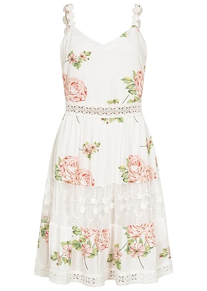 Aiki Damen Sommer Kleid Mit Häkelbesatz Und V-Neck Blumenprint Weiss 3 Aiki Damen Sommer Kleid Mit Häkelbesatz Und V-Neck Blumenprint Weiss