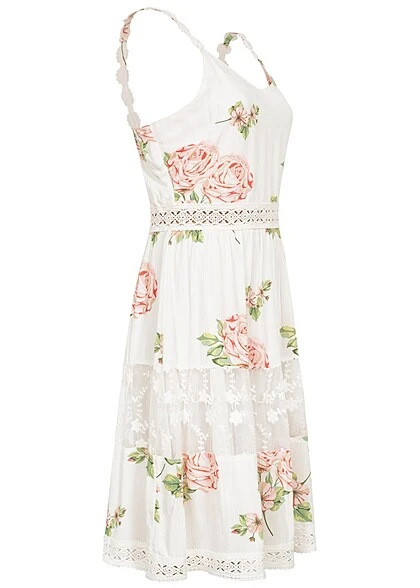 Aiki Damen Sommer Kleid Mit Häkelbesatz Und V-Neck Blumenprint Weiss 4 Aiki Damen Sommer Kleid Mit Häkelbesatz Und V-Neck Blumenprint Weiss – Bild 2