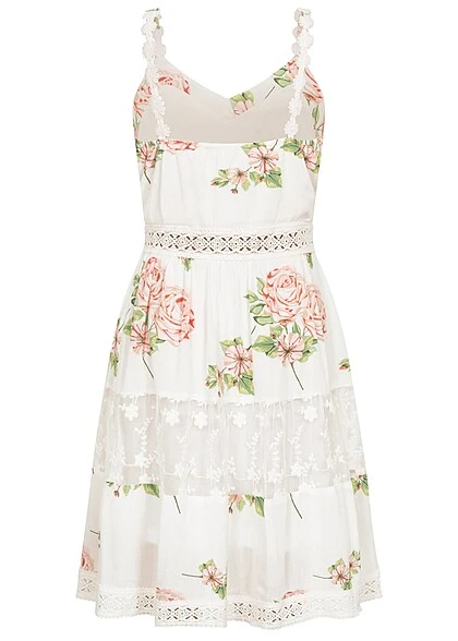 Aiki Damen Sommer Kleid Mit Häkelbesatz Und V-Neck Blumenprint Weiss 5 Aiki Damen Sommer Kleid Mit Häkelbesatz Und V-Neck Blumenprint Weiss – Bild 3
