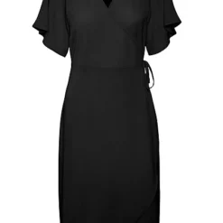 Vero Moda Damen NOOS Wickel Kleid Mit Bindedetail Und V-Neck Schwarz
