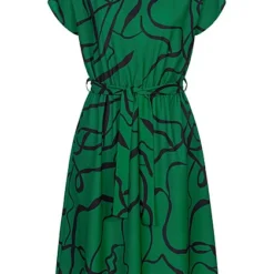 Cloud5ive Damen T-Shirt-Kleid Mit V-Neck Und Bindegürtel Abstrakt Print Grün Schwarz